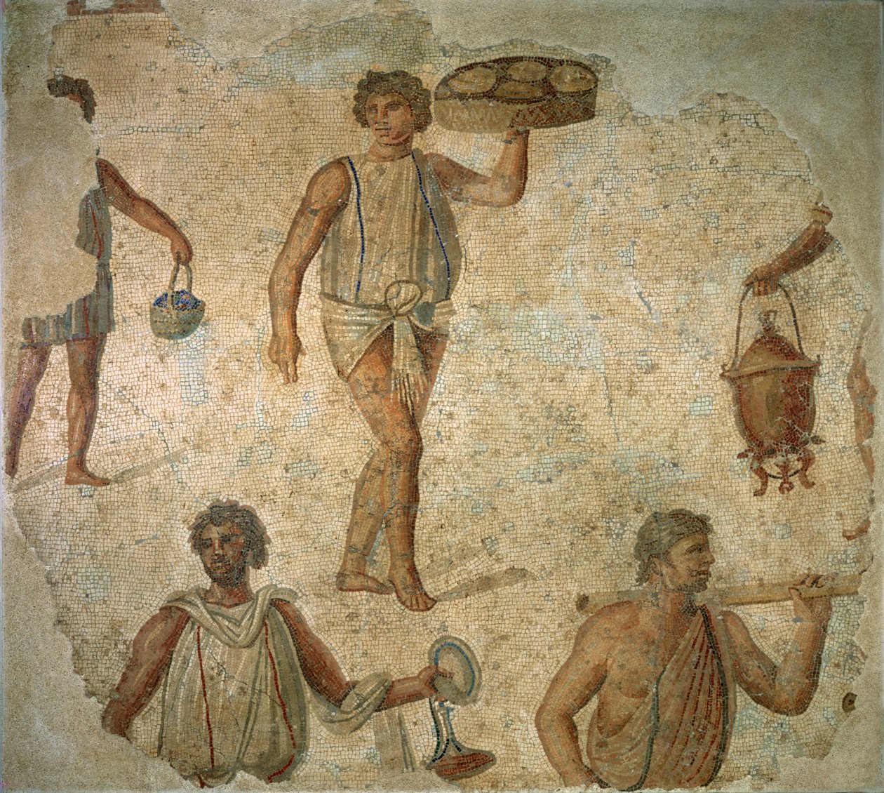 Juhlavalmistelut, marmori-, kalkkikivi- ja lasimosaiikkipäällysteen fragmentti Carthagesta, Rooma, n. 180-90 jKr. tekijältä Unknown