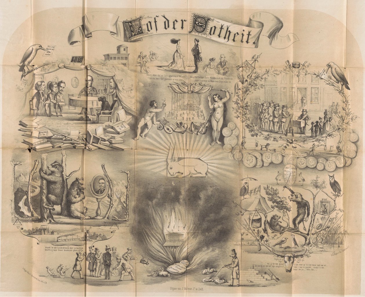 Sarjakuva Delftin opiskelijaalmanakissa, 1869 Praise of Folly (otsikko esineessä) tekijältä Unknown