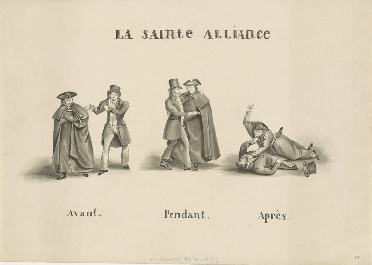 Sarjakuva Rooman papistopuolueen ja liberaalipuolueen välisestä liitosta Alankomaiden hallitusta vastaan, 1828 La Sainte Alliance (otsikko esineessä) tekijältä Unknown