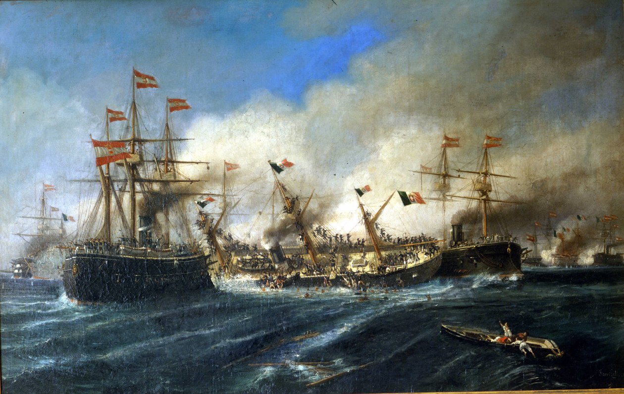 20.7.1866: Lissan taistelu Dalmatian edustalla: itävaltalaiset tuhosivat Italian laivaston. tekijältä Unknown artist