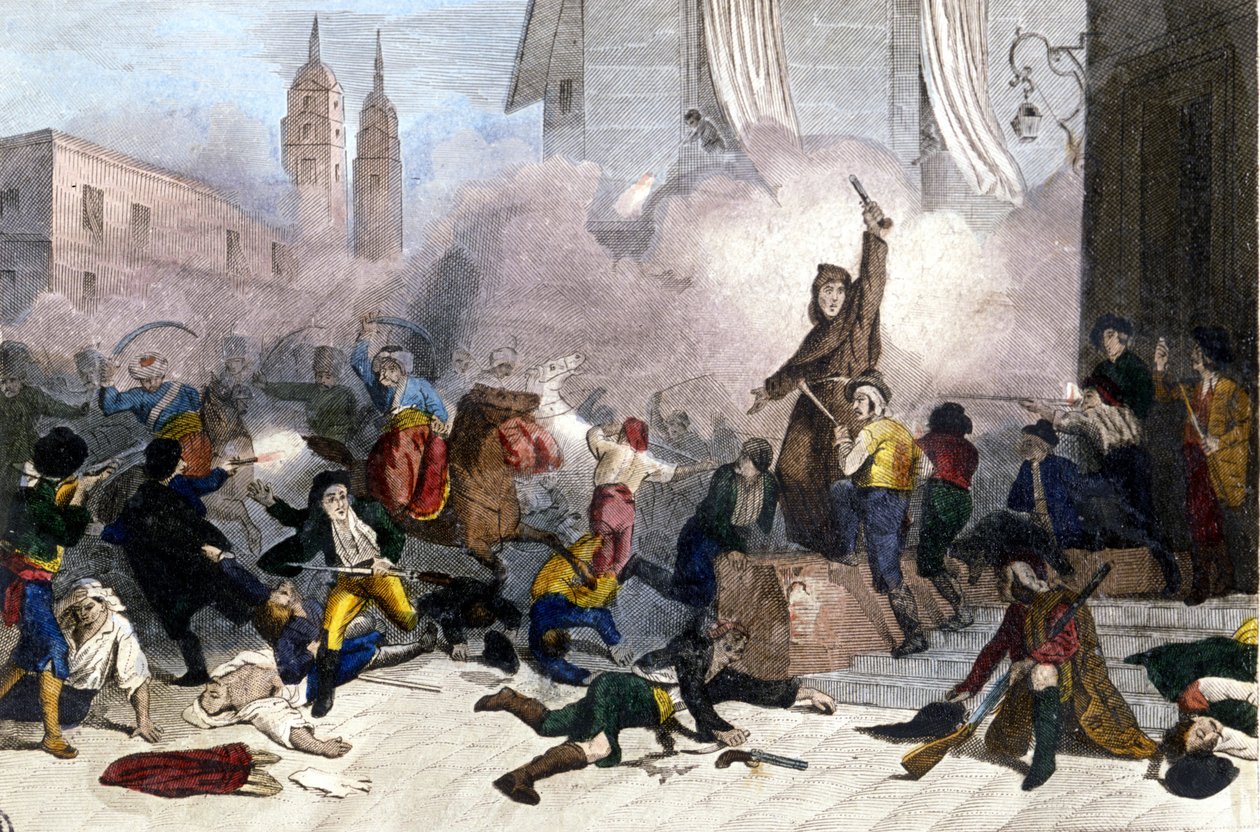 5.2.1808: Madridin kansannousu Espanjan Ranskan valtaamista vastaan. Kaiverrus 1800-luvulta tekijältä Unknown artist