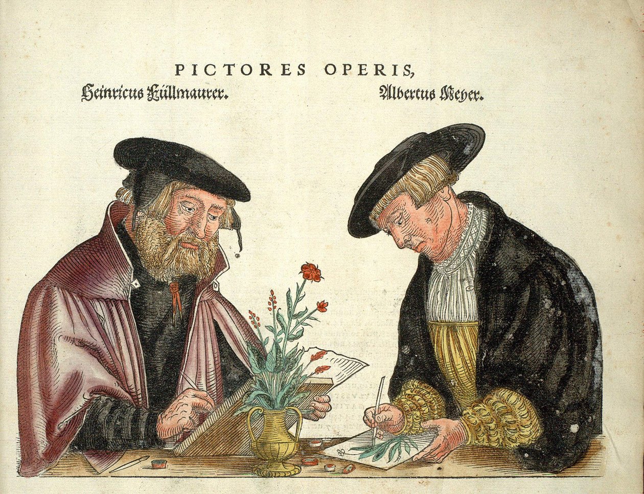 2 kirjan kuvittanutta taiteilijaa, Albert Meyer ja Veit Rudolph Speckle, Leonhart Fuchsin "" De Historia Stirpium commentarii -merkit,..." tekijältä Unknown artist