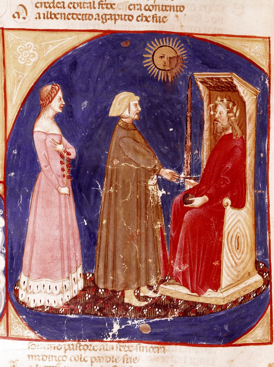 2. taivas: Dante ja Beatrice kohtaavat Rooman keisari Justinianuksen Paratiisin ensimmäisessä taivaassa. Valaistu sivu, joka havainnollistaa Paratiisin laulua Dante Alighierin (1265-1321) "Divina Commediasta". 1300-luku, Venetsia, Biblioteca Marciana tekijältä Unknown artist