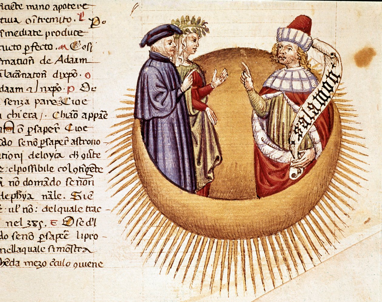 Neljäs taivas: Dante ja Beatrice tapaavat kuningas Salomon. Valaistu sivu, joka havainnollistaa Paratiisin laulua Dante Alighierin (1265-1321) "Divina Commediasta". 1300-luku, Venetsia, Biblioteca Marciana tekijältä Unknown artist