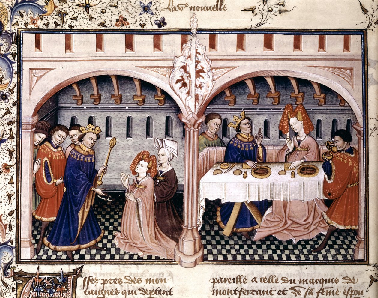 6. novelli : Giovanna lounaalla Federigo Alberighin kanssa, on valaistus Boccaccion Decameronista (1432) tekijältä Unknown artist