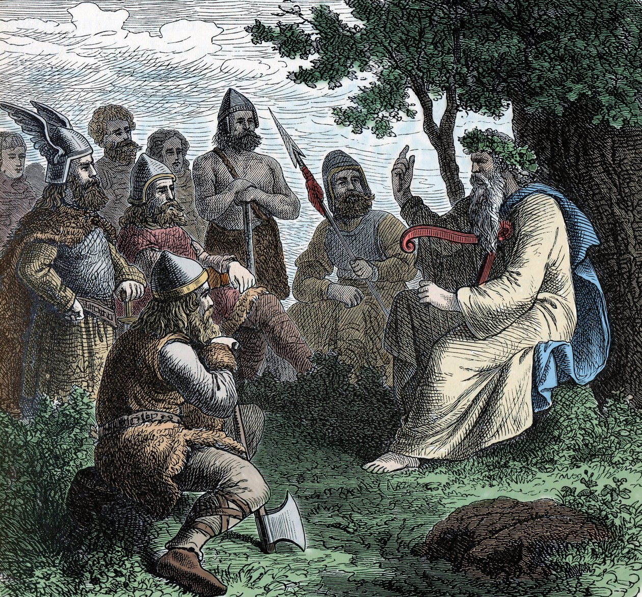 Bardi lausumassa pohjoismiehille - Viikinkisivilisaatio: Bardidruidi lausuu runoa sotureille, 8.-9. vuosisata tekijältä Unknown artist