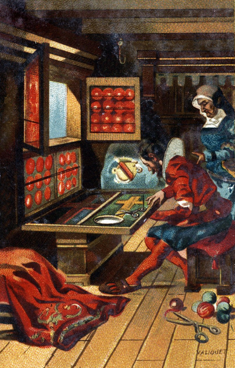 Chasublier (työläinen, joka valmistaa kaikenlaisia kirkkovaatteita) vuonna 1546. 1800-luvun lopun kromolitografia. tekijältä Unknown artist