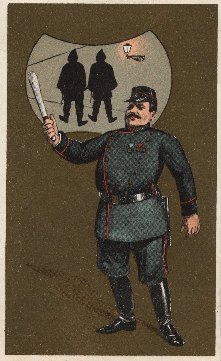 Ranskalainen poliisi univormussa ja pamppu. Anonyymi kromolitografia, 1800-luvun loppu. tekijältä Unknown artist