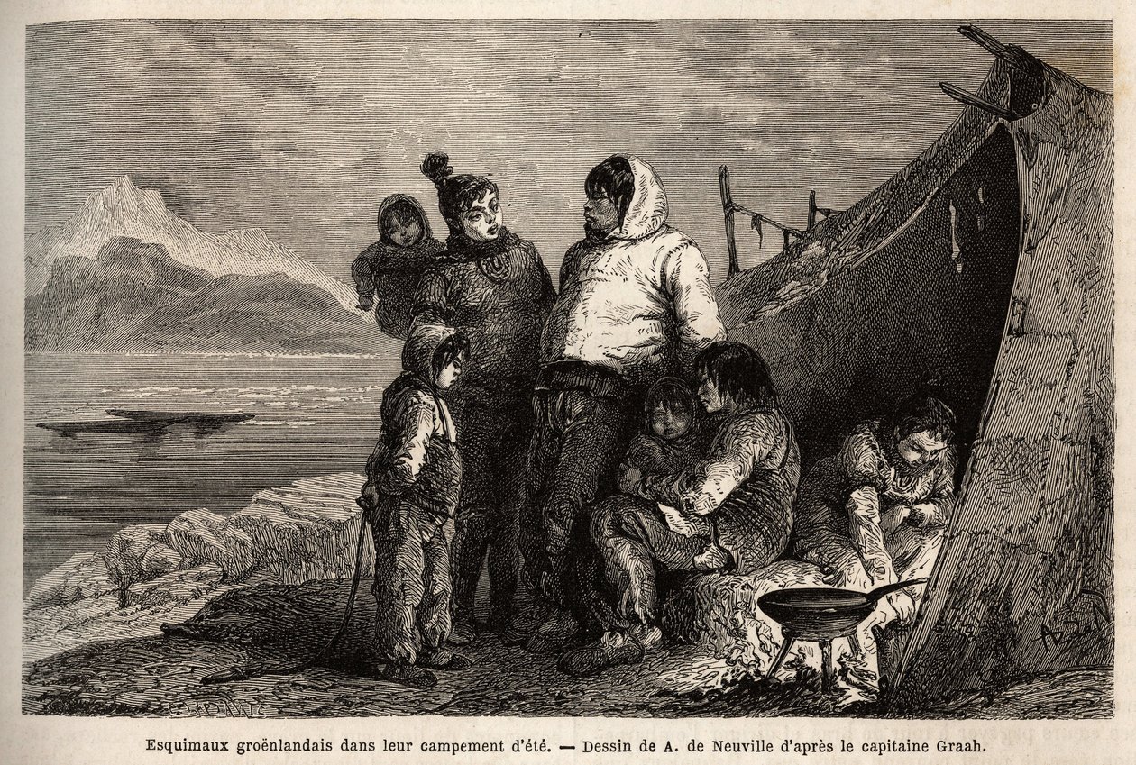 Grönlannin inuiittiperhe kesäleirillä. Kaiverrus havainnollistamaan matkaa arktisen navan vapaalle merelle, tohtori Hayesin, Yhdysvaltain laivaston kirurgin, vuosina 1860-1862, julkaistu "Le tour du monde, nouveau journal des voyages", muokkaa tekijältä Unknown artist