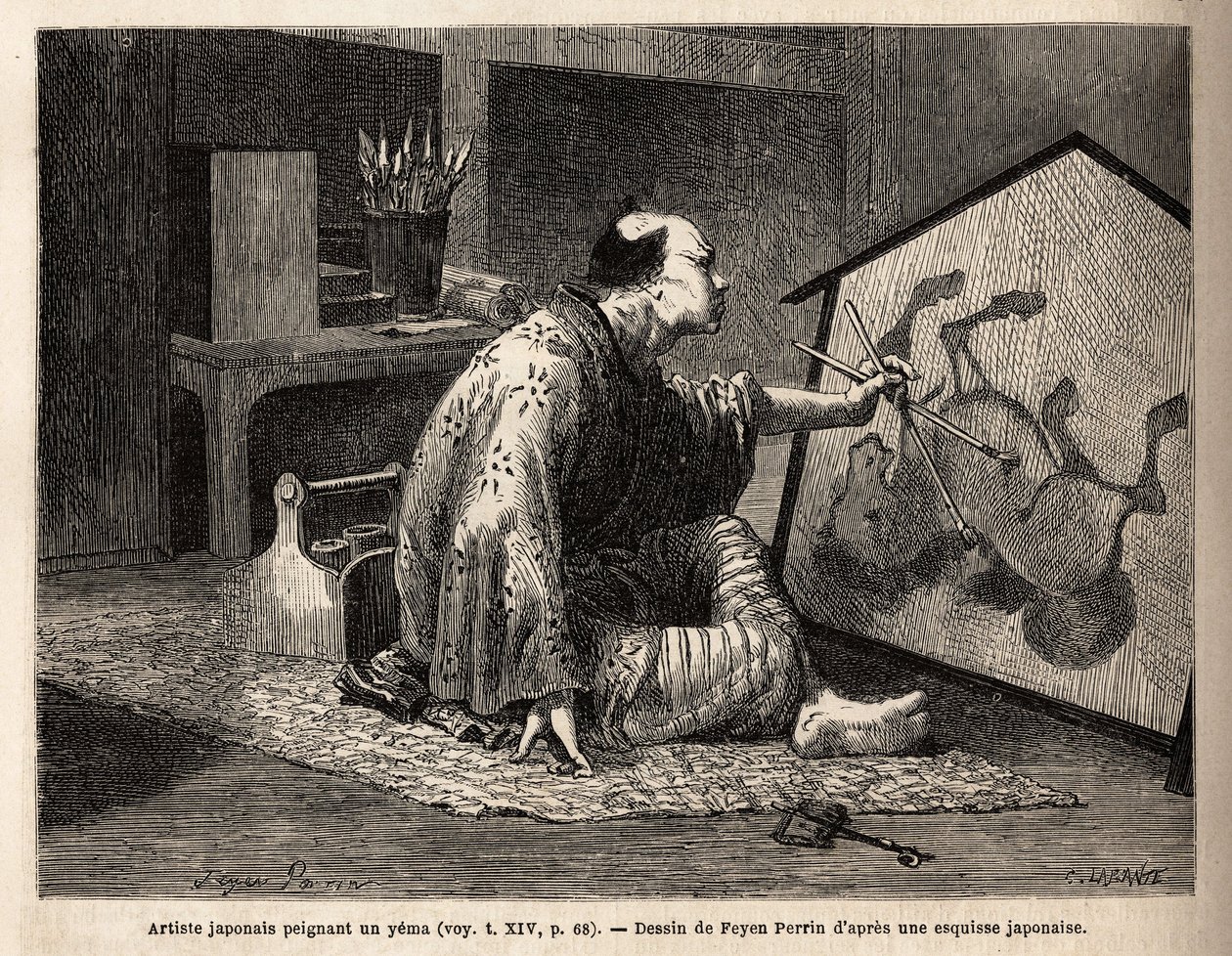 Japanilainen taiteilija maalaamassa yemaa (legendaarinen hevosmaalaus). Kaiverrus havainnollistamaan matkaa Japaniin vuosina 1863-1864, Sveitsin valaliiton ministeri Aime Hubert, "" Le tour du monde, nouveau journal des voyages" -julkaisussa, joka julkaist tekijältä Unknown artist