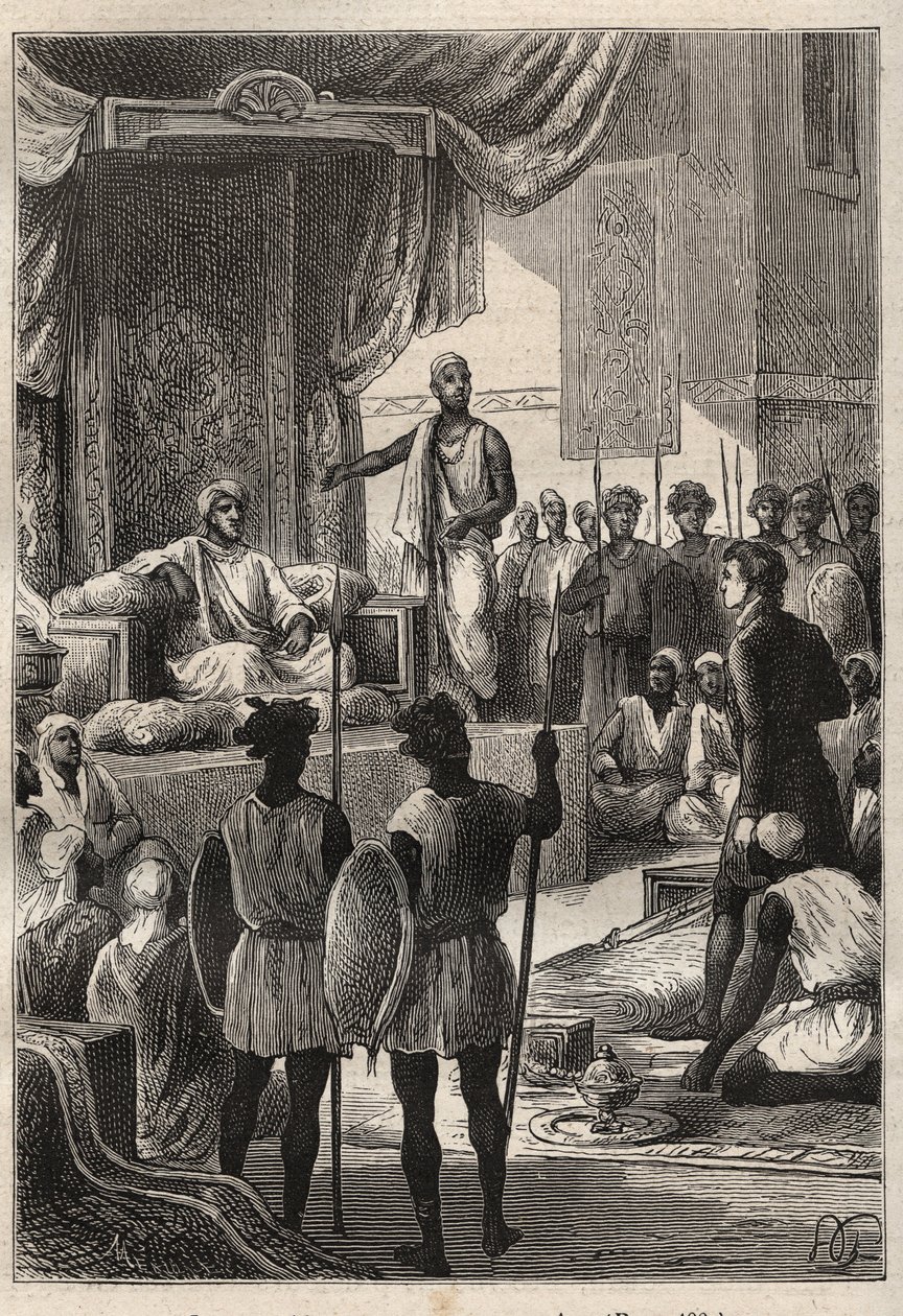 William George Brownen (1768-1813) matka Egyptiin ja Lähi-itään (1792-1795): Browne tapaa Darfurin sulttaani Ald el Raschmanin (Abd-er-Rahman, joka tunnetaan nimellä El-Rachid tai oikeudenmukainen) klo. El Fasher (Al-Fashir, Sudan) vuonna 1793 - kuvitus te tekijältä Unknown artist