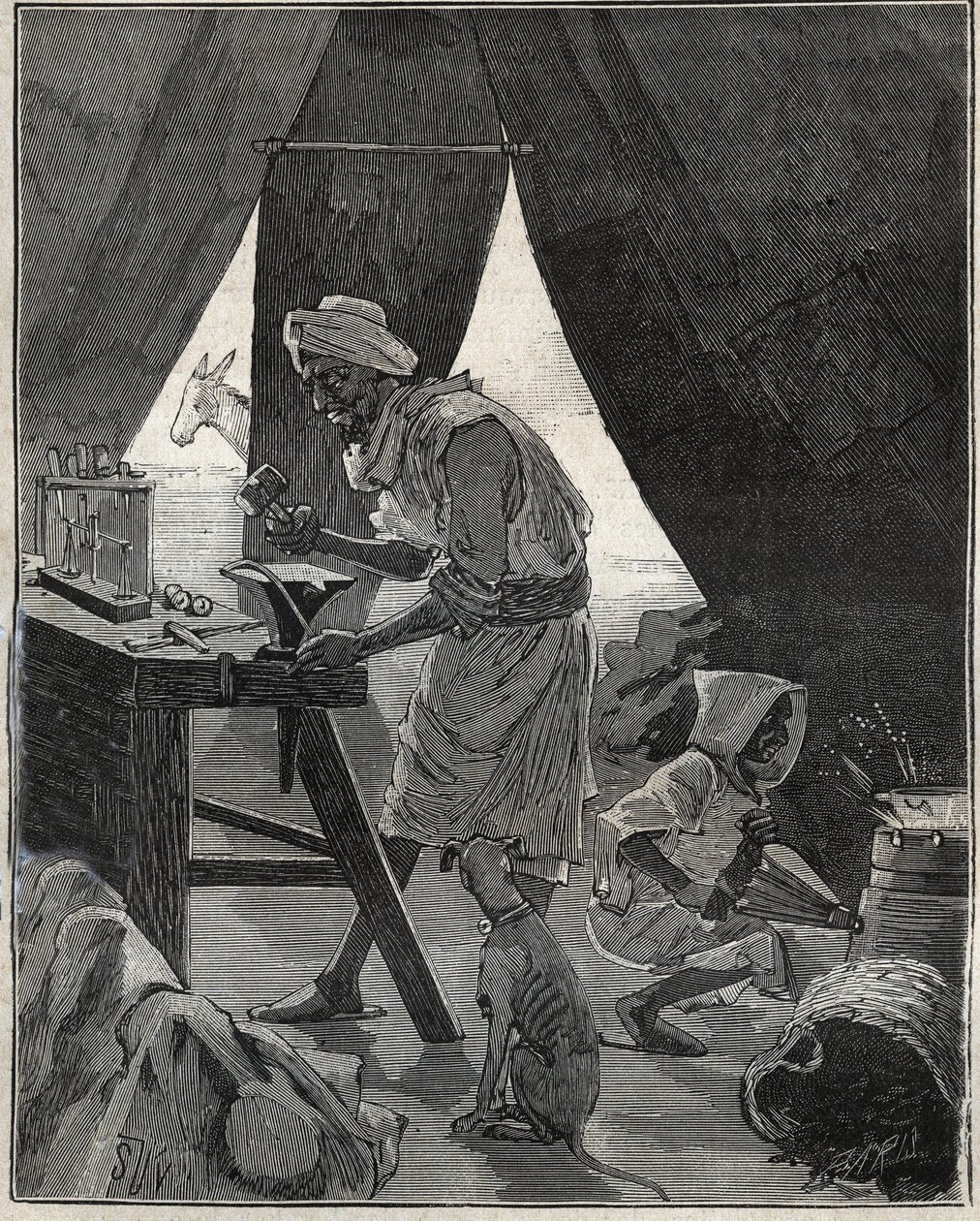 Kabylelainen jalokivikauppias Algeriassa 1800-luvulla. Kaiverrus vuodelta 1885 kirjassa "Les arts et metiers illustres", kirjoittanut Adolphe BITARD. tekijältä Unknown artist