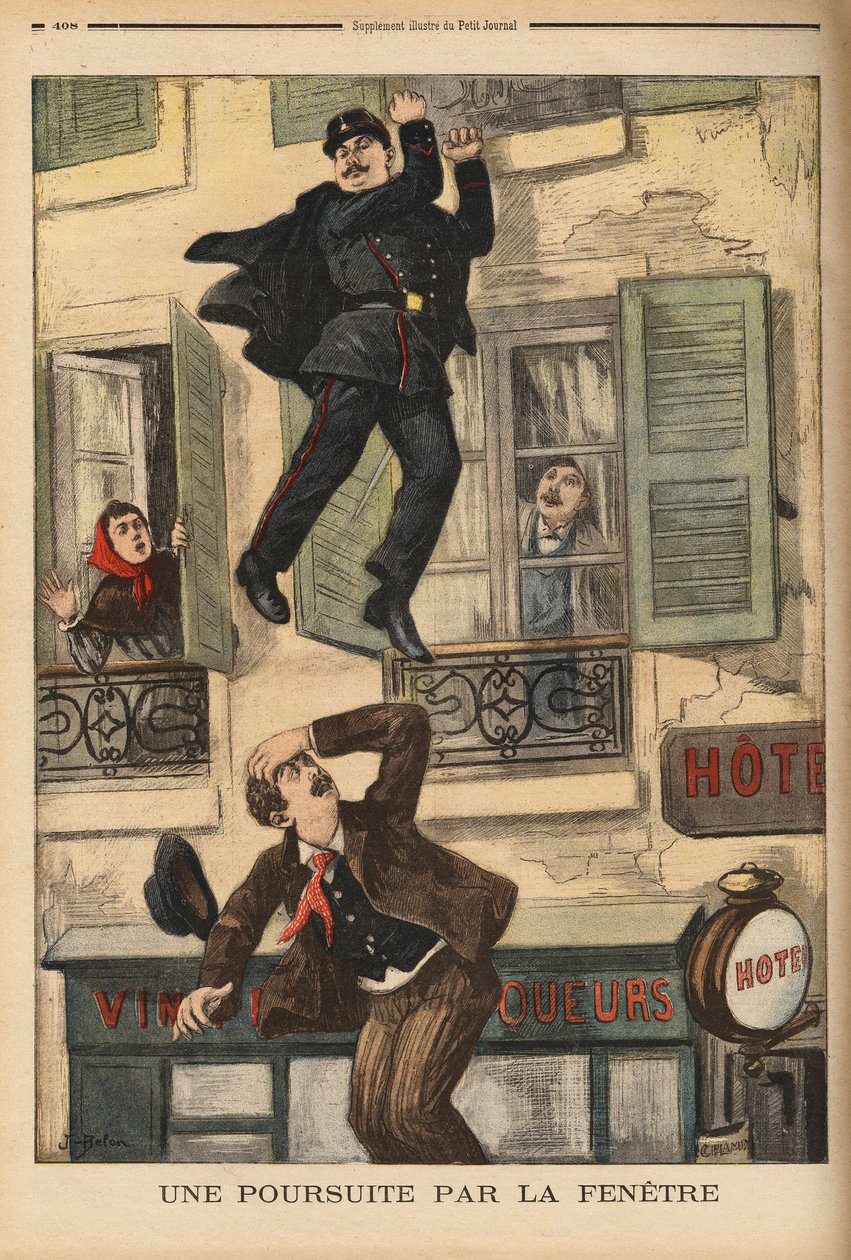Montreuilin poliisi ei epäröi heittäytyä ulos ikkunasta jahtatakseen murtovarasta, joka on juuri hypännyt pakenemaan takaa-ajiaan. Kaiverrus "" Le petit Journal" -lehdessä 17/12/1899. Selva Collection. tekijältä Unknown artist