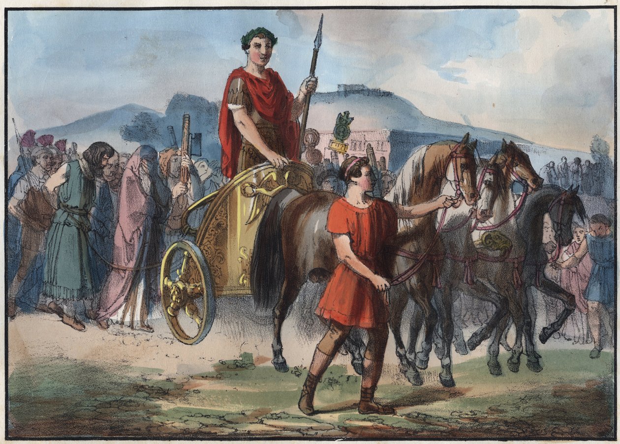 Roman Triumph - kaiverrus kirjasta "" Kaikkien maailmankaikkeuden kansojen tavat ja tavat. Eli kaikkien kansojen hallituksen, lakien, miliisin, uskonnon historia kaukaisimmista ajoista nykypäivään "1856 tekijältä Unknown artist