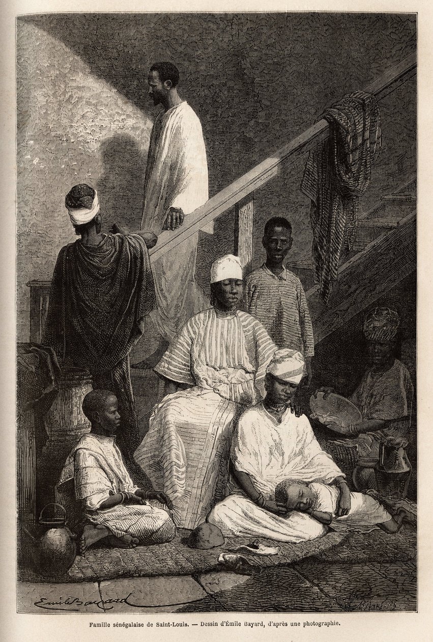 Senegalilainen perhe Saint Louisista (Saint Louis). Kaiverrus havainnollistamaan risteilyä Afrikan rannikolla, vara-amiraali Fleuriot de Langle, vuonna 1868, julkaistu "" Le tour du monde""" 1872, toimittanut Edouard Charton, painos Hachette, Paris. Selva  tekijältä Unknown artist