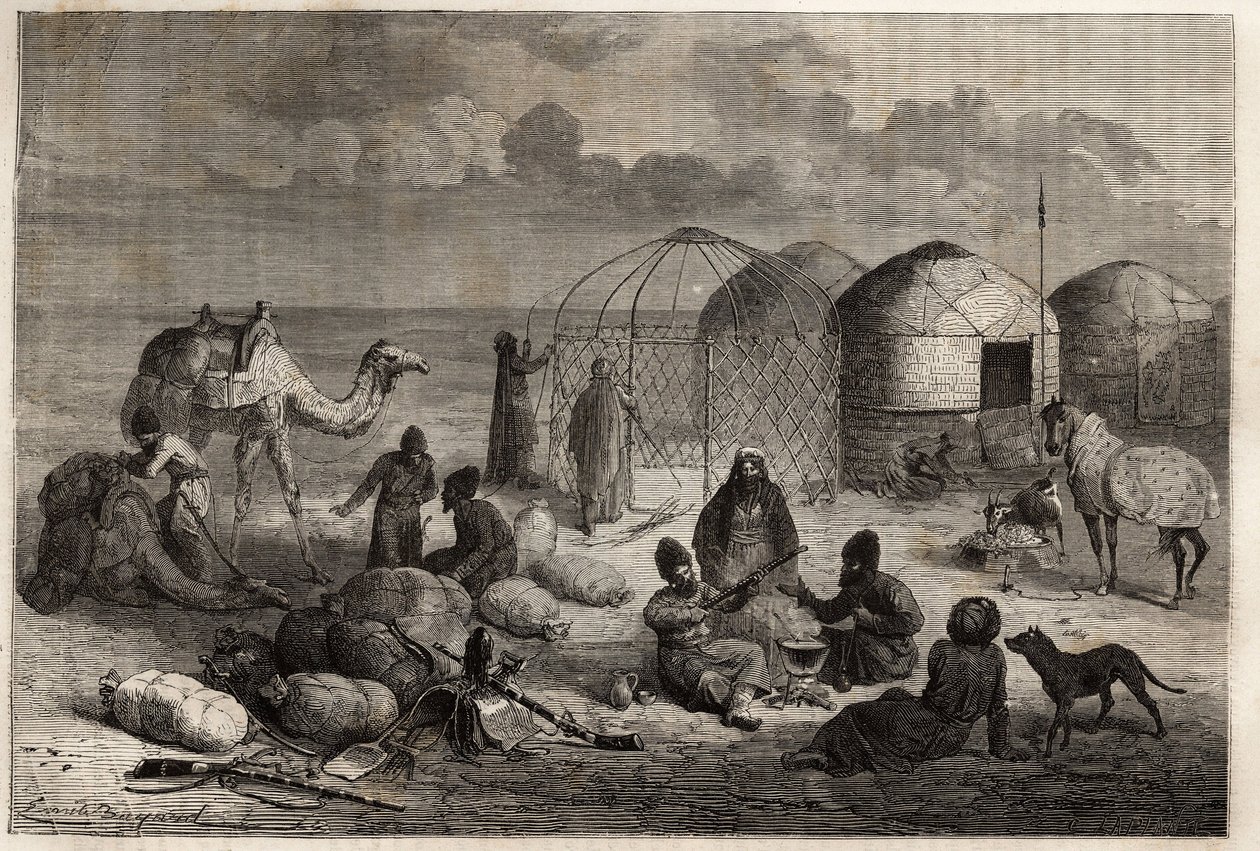 Turkestanin ja Persian raja-alueella sijaitseva turkomaanien leiri, jokaisessa teltassa, joka koostuu puisista ritiloista ja on peitetty huovalla, asuu perhe. Kaiverrus havainnollistamaan Henri de Blocquevillen tarinaa "14 mois de captivite chez les turcom tekijältä Unknown artist