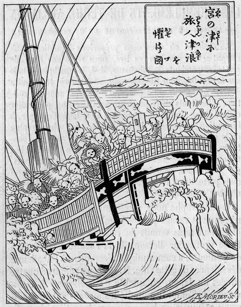 Maanjäristyksen muodostama tausta-aalto. Fac-simile (Fac-simile) kaiverruksesta japanilaisesta maanjäristysteoksesta. Kaiverrus "" La Nature: revue des sciences et de leurs applications aux arts et a l