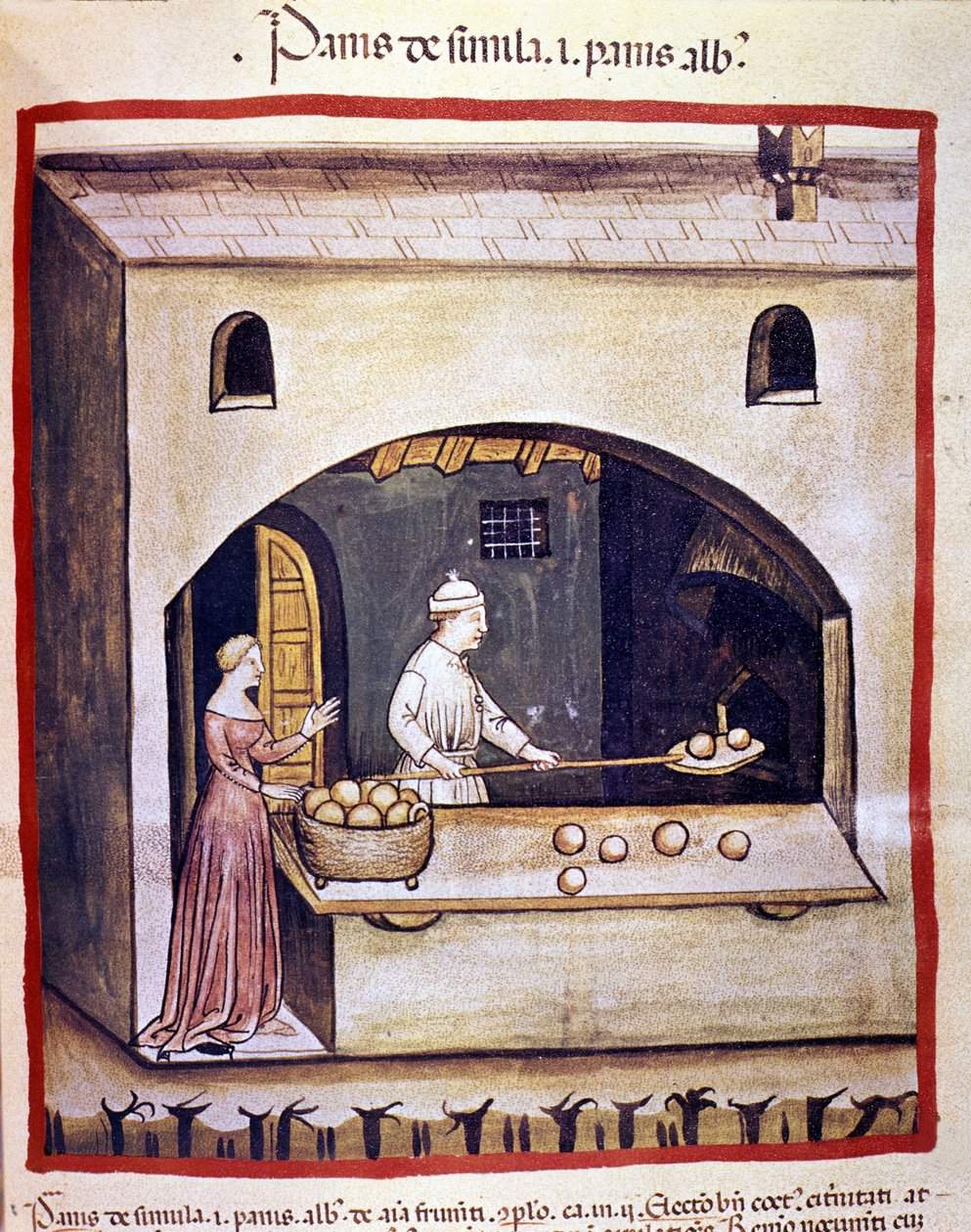 Leipuri valmistaa valkoista leipää ja mannasuurimoleipää. Valaistus lääketieteen ja dietetiikan lypsystä "" Tacuinum sanitatis"" tekijältä Unknown artist