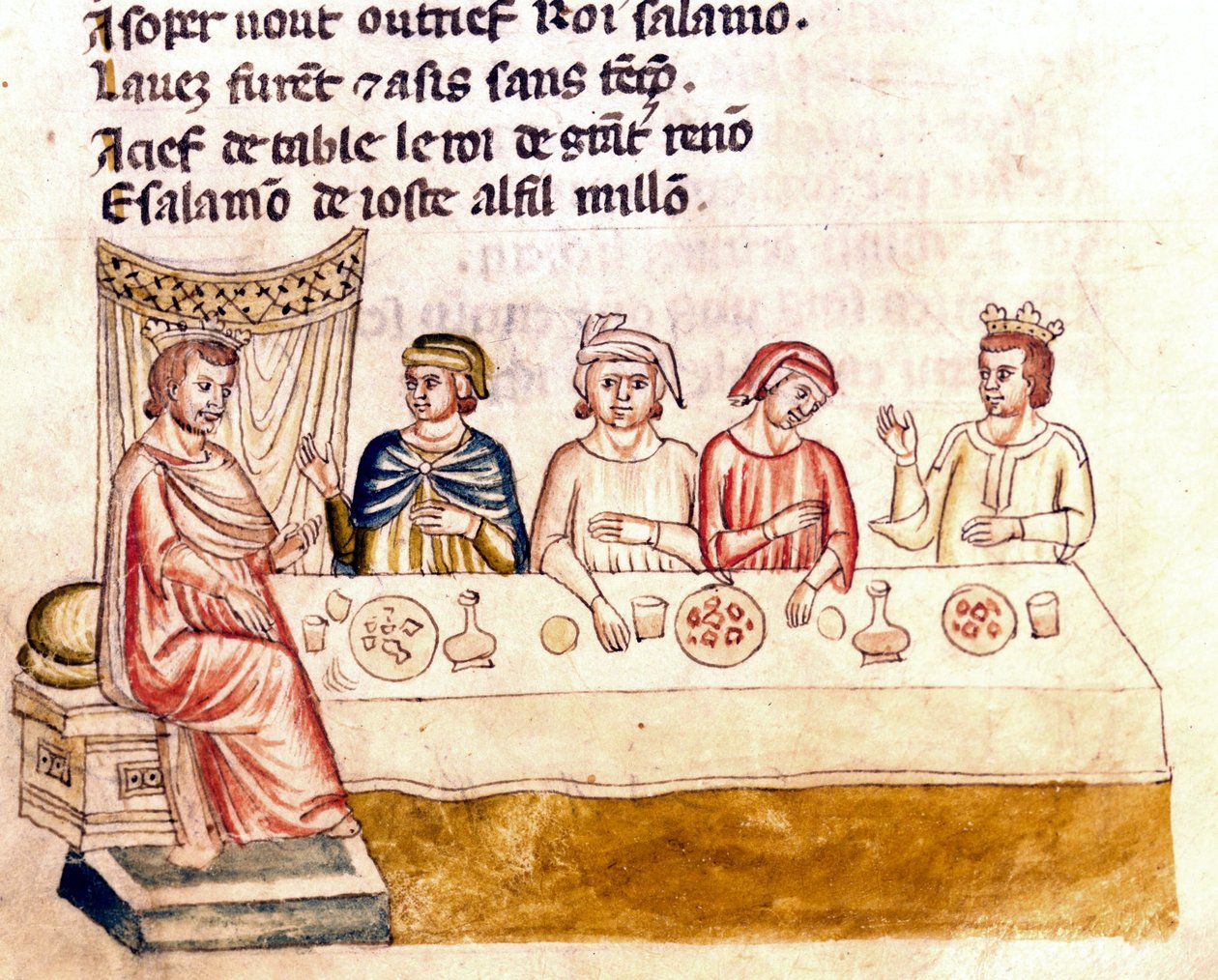 Juhlakohtaus: kuningas ja hänen vieraan - Miniatyyri koodeksista "The Entrree of Spain" (Ms.Franc.21) 1300-luku. Biblioteca Marciana, Venetsia. tekijältä Unknown artist