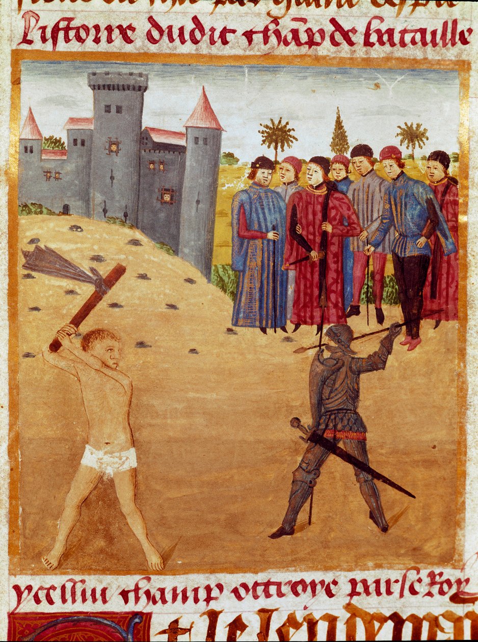 Taistelu makedonialaisen ja ateenalaisen miniatyyrin välillä Quintus Curtius Rufusin (Quinte Curce) (1. vuosisadan) "Aleksanteri Suuren tosiasioiden kirjasta" noin 1468. (Ms 1335) Reims. Kaupungin kirjasto tekijältä Unknown artist