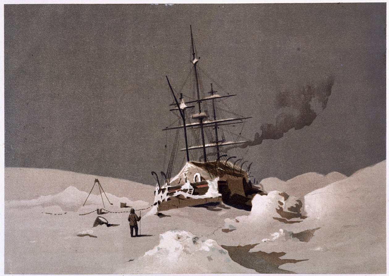 Vene joutui jäähän - tohtori Edward Moosin, Marcus Nard & Co:n, Lontoon teoksessa "Naarimeren rannat, arktinen retkikunnan kerronta" tekijältä Unknown artist