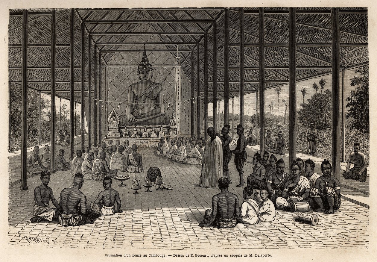 Bonze vihkimisseremonia temppelissä Angkorin läheisyydessä Kambodžassa. Kaiverrus havainnollistamaan tutkimusmatkaa Indokiinassa, luutnantti de Vaissseaun Francis Garnier, vuosina 1866-1868, julkaistu "" Le tour du monde""" 1870-1871, toimittanut tekijältä Unknown artist