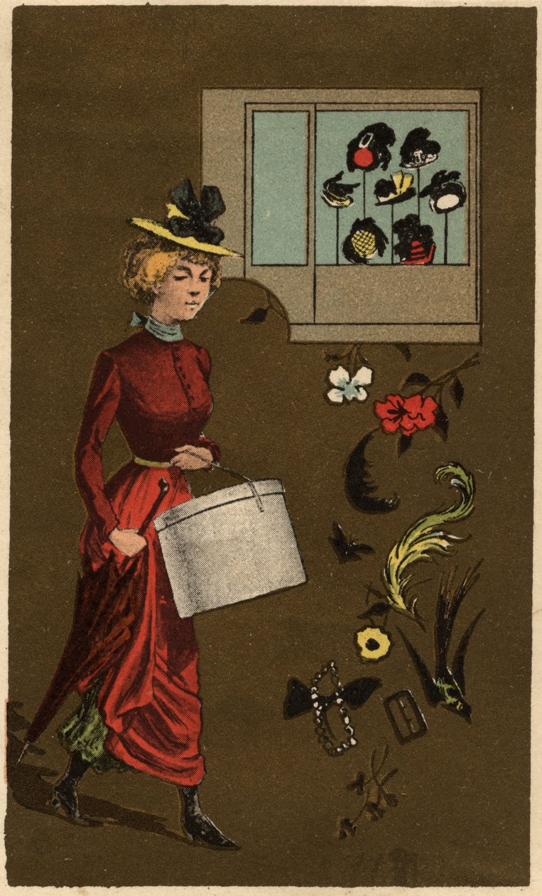 Hattulaatikkoa kantava porvarillinen nainen, anonyymi kromolitografia, 1800-luvun loppu. tekijältä Unknown artist