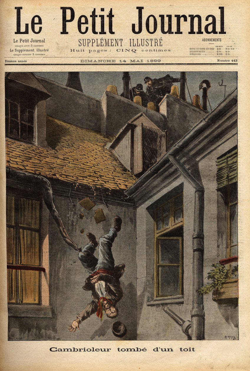 Murtovaras putoaa Notre Dame Streetin katoilta Nasaretissa sateessaan pakenemaan poliisien edestä. Kaiverrus "" Le petit Journal" -lehdessä 5.14.1899. Selva Collection. tekijältä Unknown artist