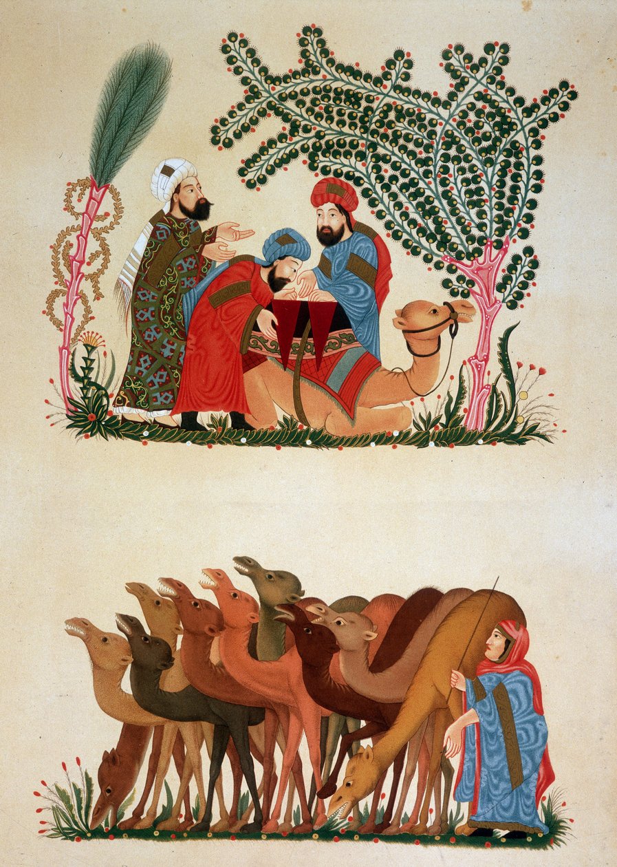 Karavaani liikkeellä. Abu Mohammed al-Kasim ibn Ali Haririn (tai Al-Hariri tai Al Haririn) (1054-1122) kuva "" Maqamatista" (Seanssit) 1200-luvulta "" arabitaide -teoksessa" Kairon monumenteista 700-luvulta 1700-luvulle kirjoittanut P tekijältä Unknown artist