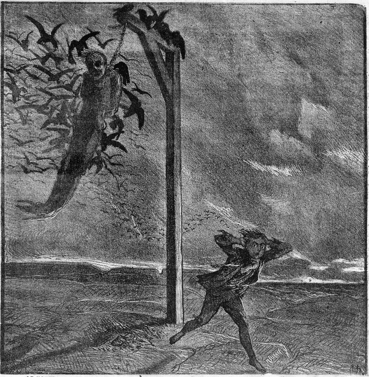 Lapsi pelottaa näkemästä hirtettyä miestä, jonka varikset syövät - Kuva Victor Hugon (1802-1885) "Mies, joka nauraa" - Kaiverrus "" Le Journal Illustrée"" tekijältä Unknown artist