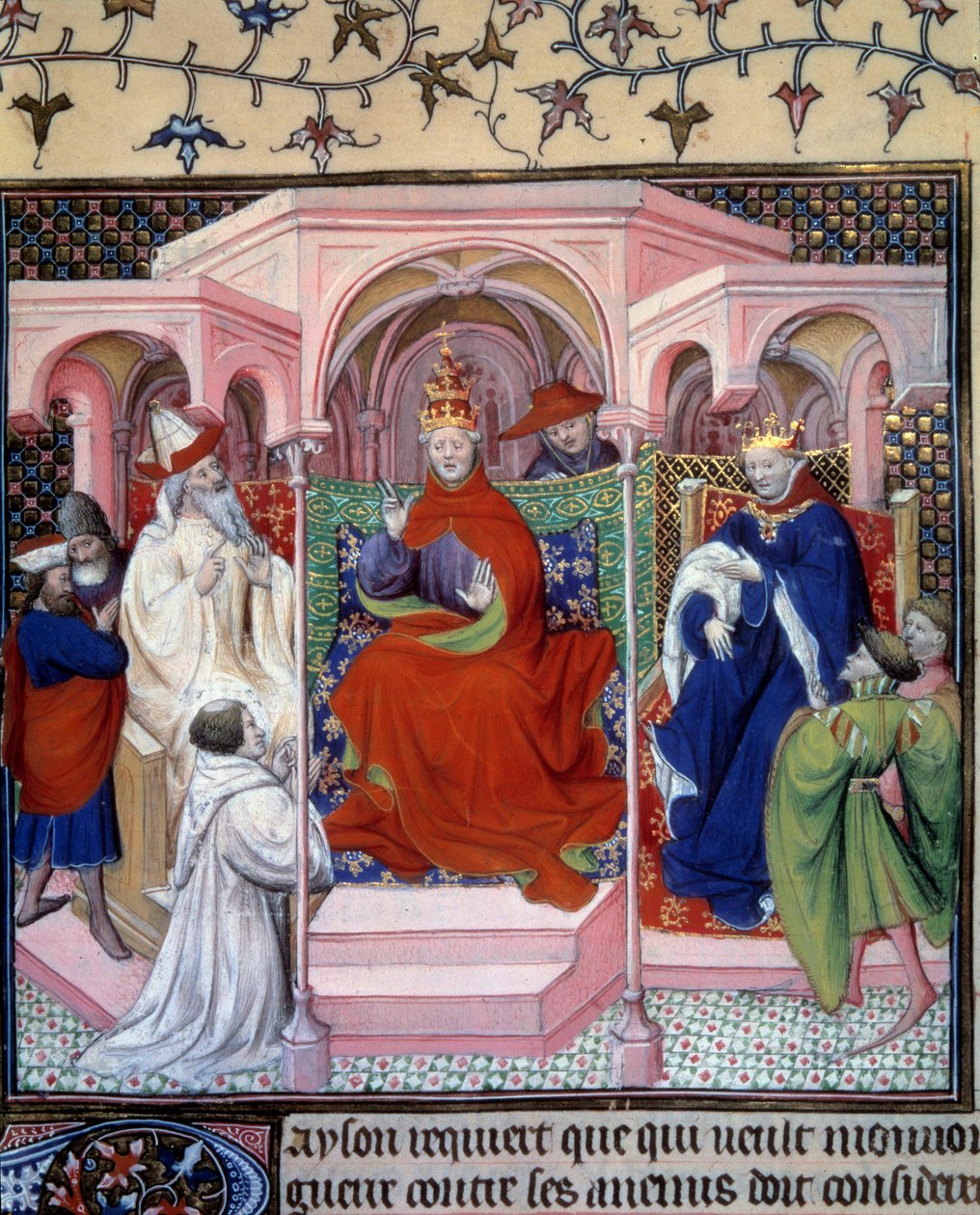 Paavi Klemens V:n (1264-1314) johtama neuvosto (kuninkaan luultavasti Filippos Belin läsnäollessa). Miniatyyri otettu La Fleur des histoires de la terre d
