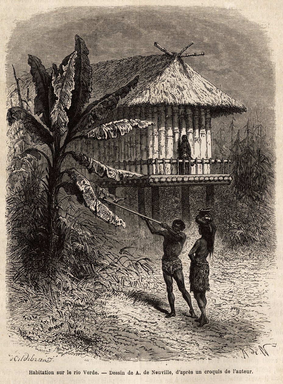 Pari intiaania Rio Verdestä (Brasilia) mies sarbakaanineen tyypillisen paalujen varassa olevan talon edessä. Kaiverrus havainnollistamaan matkaa New Granadaan, tohtori Saffray, vuonna 1869, julkaistu "" Le tour du monde""" 1873, toimittanut Edouard Charton tekijältä Unknown artist
