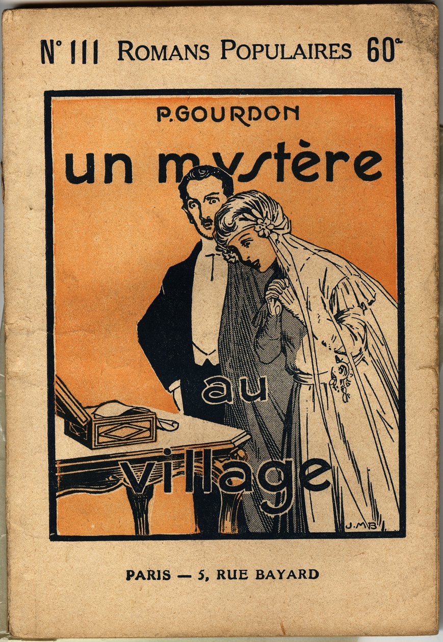 Nuori morsiuspari löytää kirjeen, joka ilahduttaa vaimoa mutta yllättää suuresti aviomiehen. P. Gourdonin suositun romaanin "Un mystere au village" kansikuva, edition bonne presse, Pariisi 1923. Selva Collection. tekijältä Unknown Artist