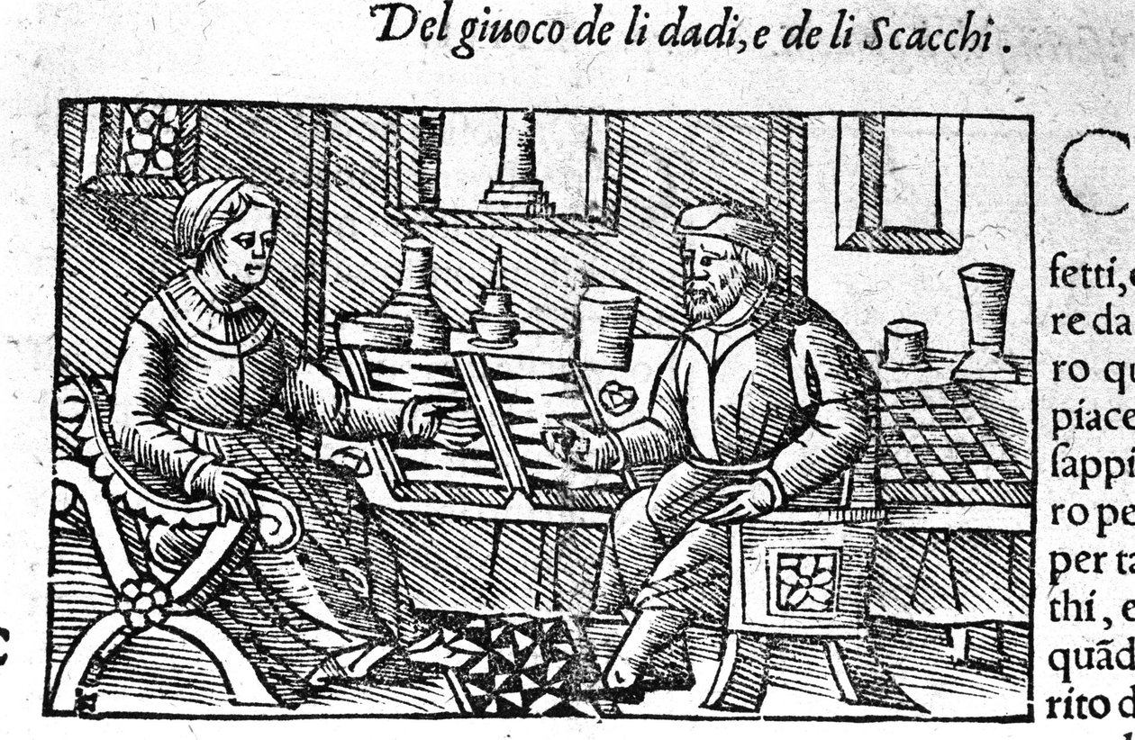 Pari pelaa noppaa. Kaiverrus "Historia de gentis septemtrionalis" jälkeen, Olaus Magnus, Rooma 1560. tekijältä Unknown artist