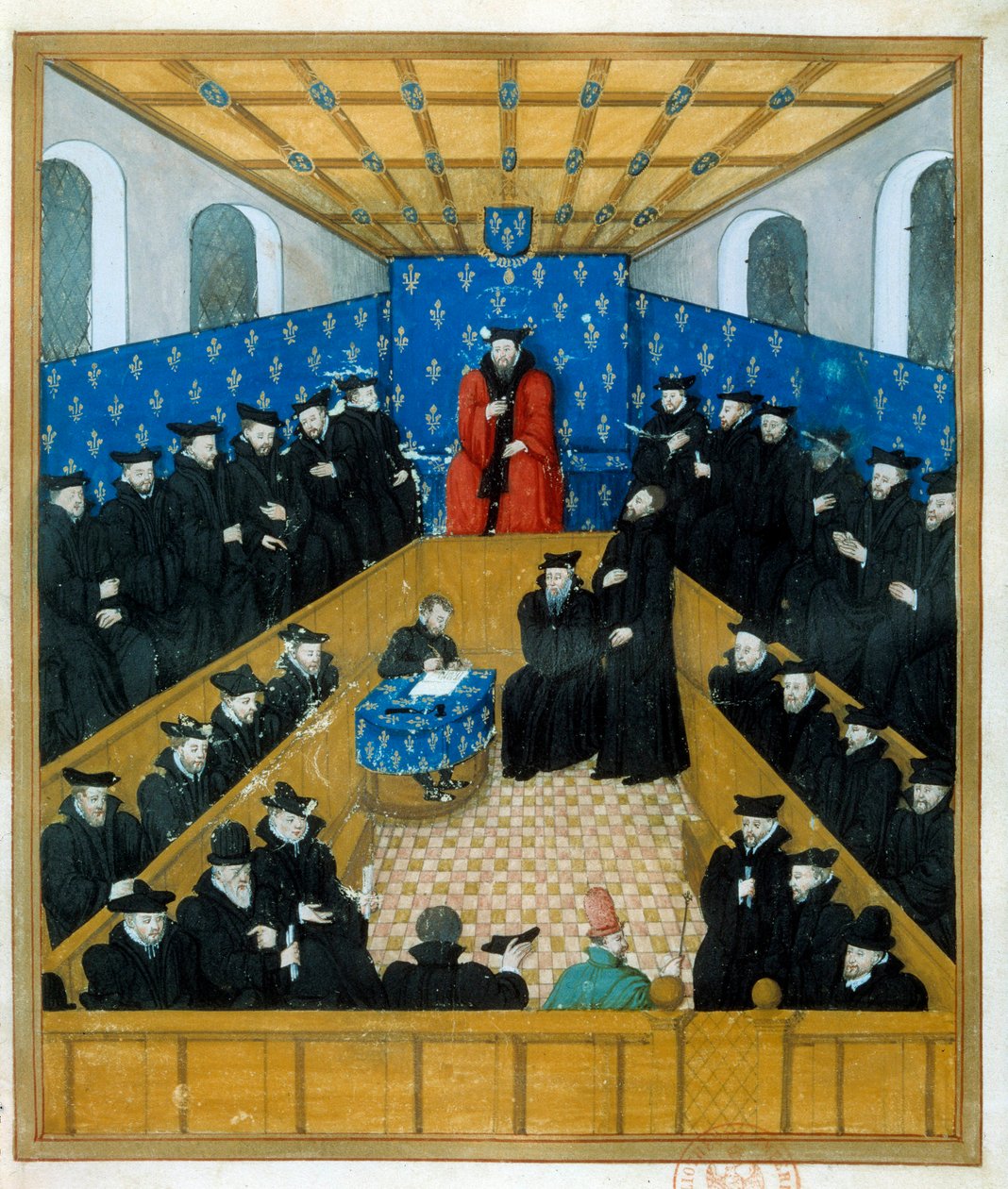 Tuomioistuin 1400-luvulla. Miniatyyri. Paris, B N tekijältä Unknown artist