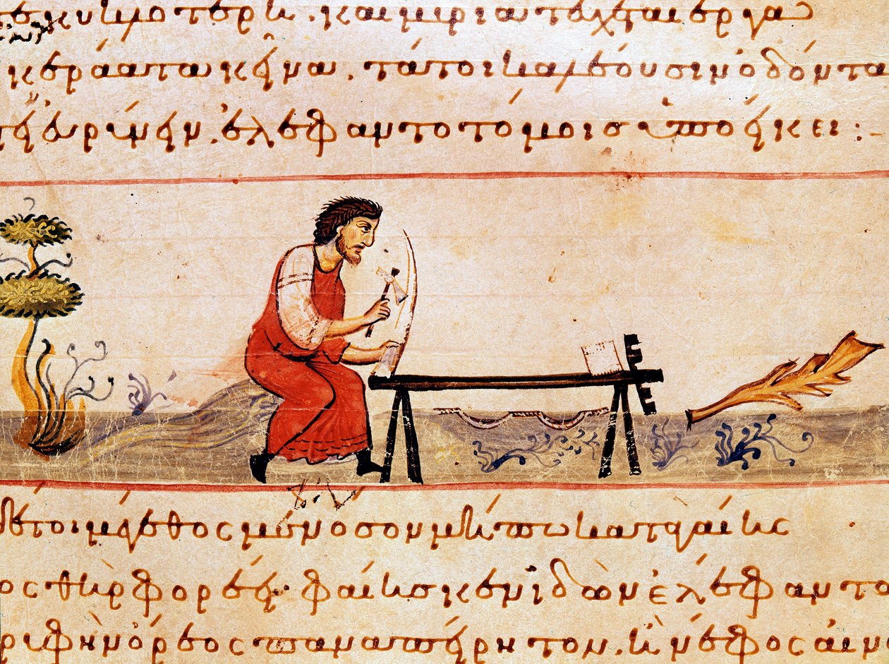 Norsunluuta työskentelevä käsityöläinen. Caracallalle omistettu Syyrian (3. vuosisadalla jKr.) Oppianin (Oppian tai Oppianus) metsästysammatin pienoismalli ”The Cynegetics”. 1000-luvun Venetsia. Biblioteca Marciana tekijältä Unknown artist