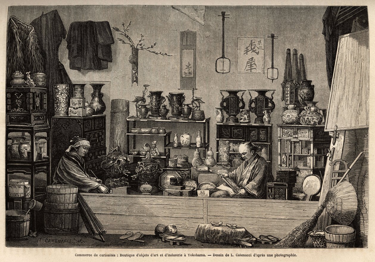 Uteliaiden yritys Yokohamassa. Kaiverrus havainnollistamaan matkaa Japaniin, Aime Humbert, Sveitsin valaliiton ministeri, vuosina 1863-1864, julkaistu "" Le tour du monde""" 1869, toimittanut Edouard Charton, painos Hachette, Paris. Selva Kerää tekijältä Unknown artist
