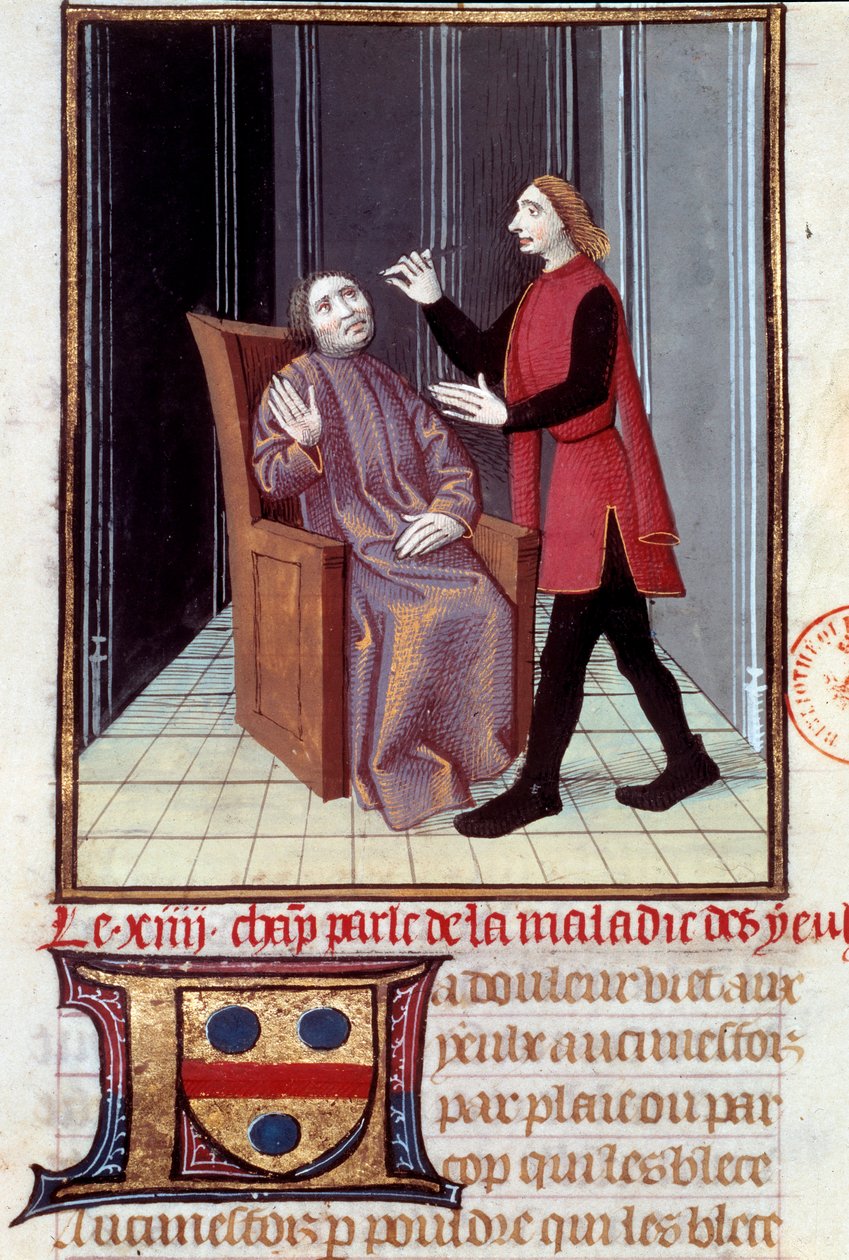 Lääkäri, joka hoitaa potilaansa silmää Pienoiskuva, joka on otettu "" Histoire de la medecine" -kirjasta 1500-luvun Pariisi, B.N. tekijältä Unknown artist
