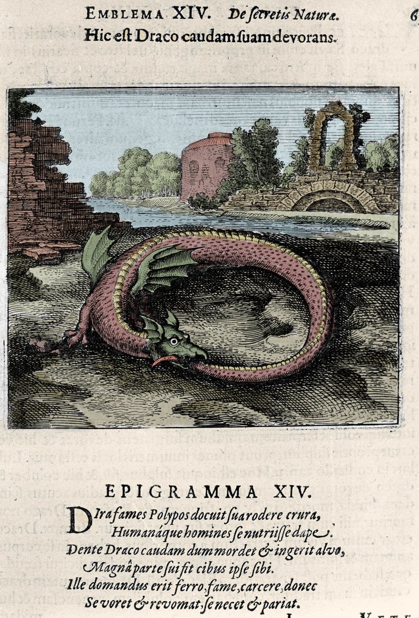 Lohikäärme, joka hakkaa häntäänsä (tai Ouroburo (?)). Alkemiaretkeltä otettu levy ""Lentävä Atalanta on luonnon salaisen kemian symbolinen romaani" Michel Maier (1568-1622) tekijältä Unknown artist