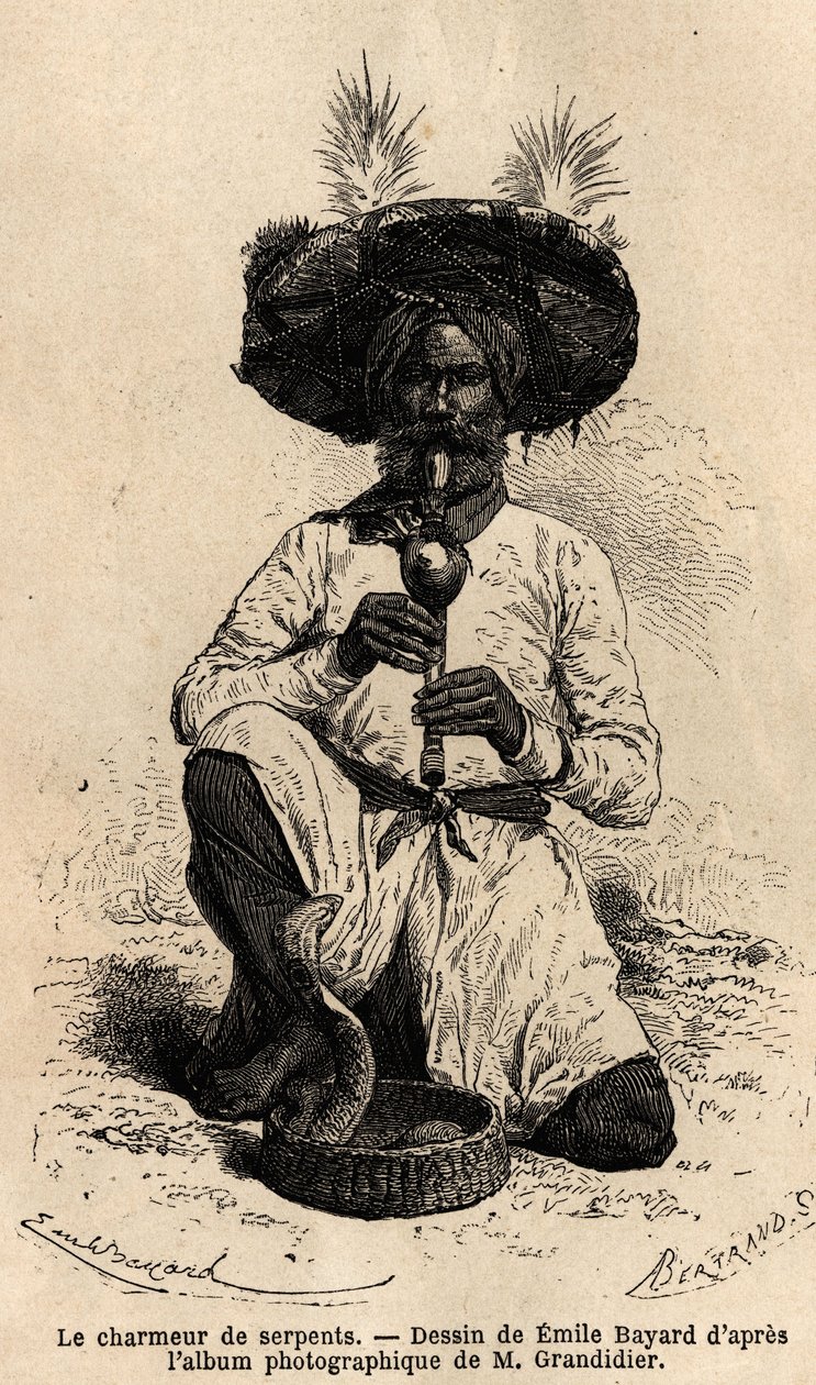 Fakiiri, käärmeen hurmaaja. Kaiverrus havainnollistamaan matkaa Intian pituuspiirin provinsseissa, Alfred Grandidier, 1862-1864, julkaistu "" le tour du monde" -julkaisussa, D