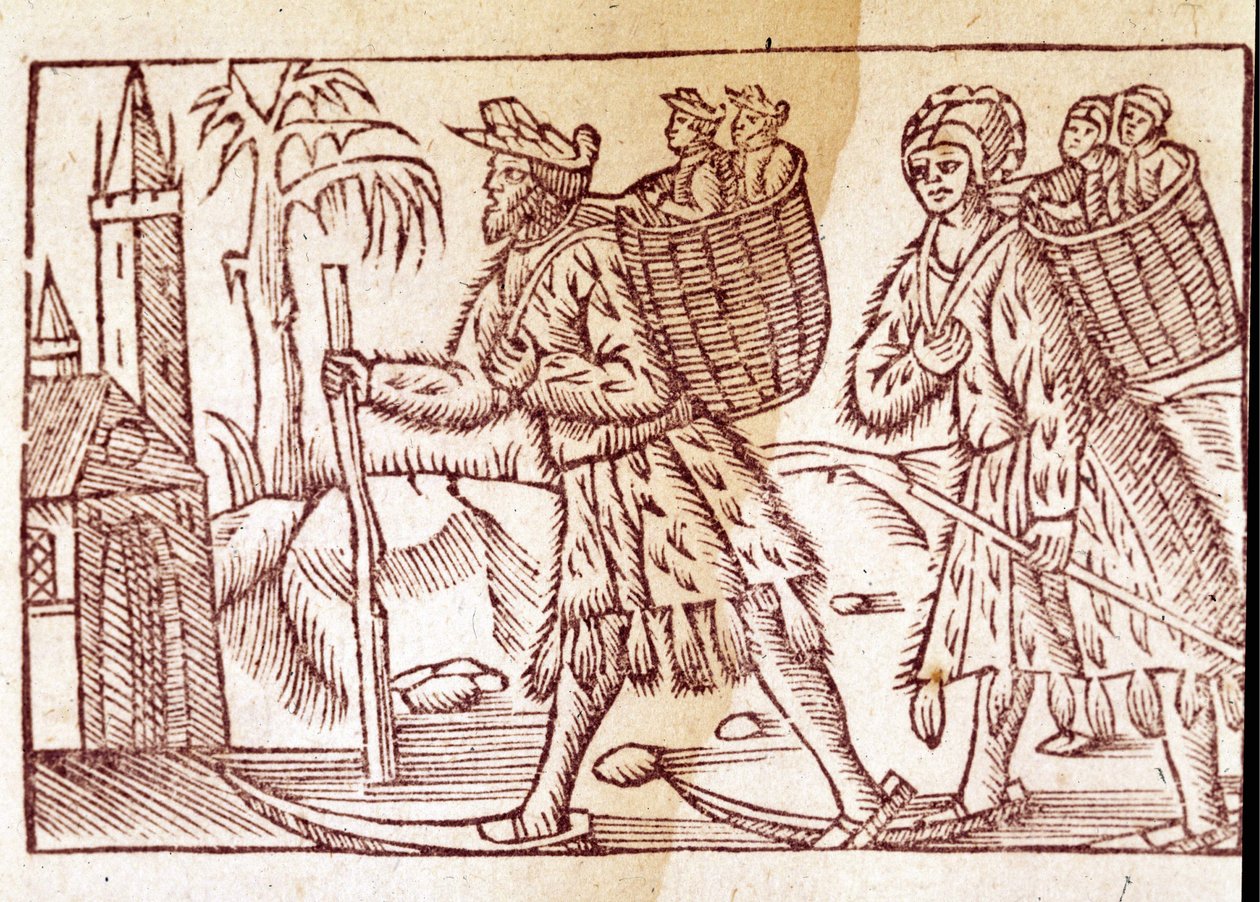 Suksilla matkustava norjalainen perhe. Kaiverrus Olaus Magnus (1490 - 1557), ruotsalainen uskonnollinen ja maantieteilijä, "History of the Northern Nation", Venetsia tekijältä Unknown artist