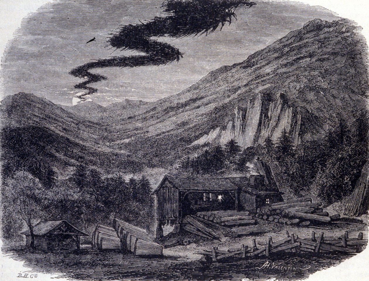 Fantastinen metsästys (ilma- tai villi) tai Menee (Menee Hellequin) tai Mesnie Vosgesissa, öinen myrsky, joka suosittujen legendojen mukaan ilmenee kirouksen tai noitien sapatin jälkeen. Kaiverrus 1800-luvulta tekijältä Unknown artist