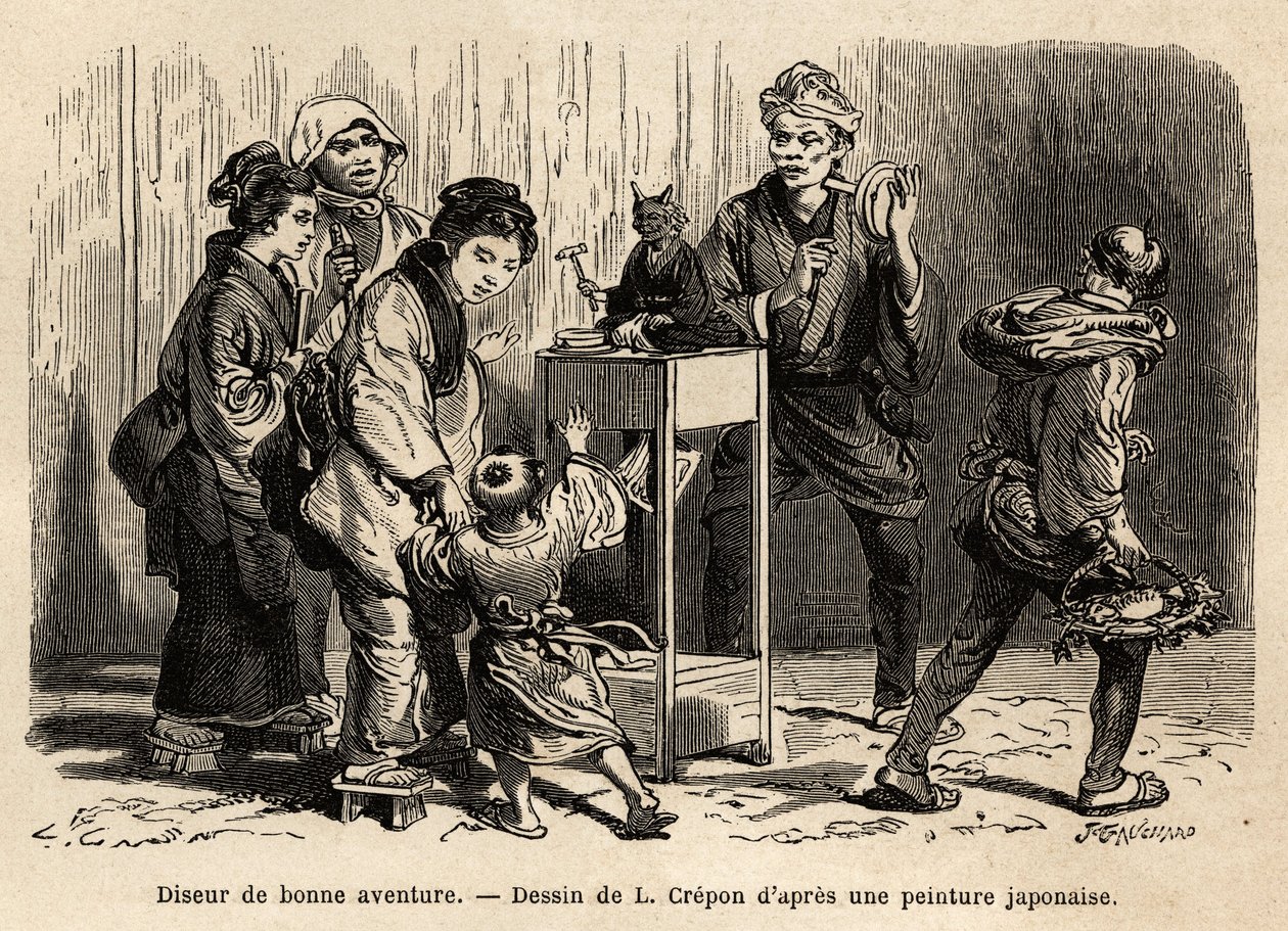 Ennustaja Edon (nykyisen Tokion) kaduilla. Kaiverrus havainnollistamaan matkaa Japaniin, Aime Humbert, Sveitsin valaliiton ministeri, vuosina 1863-1864, julkaistu "" le tour du monde" -lehdessä Edouard Chartonin ohjauksessa, Hachette, Pari tekijältä Unknown artist