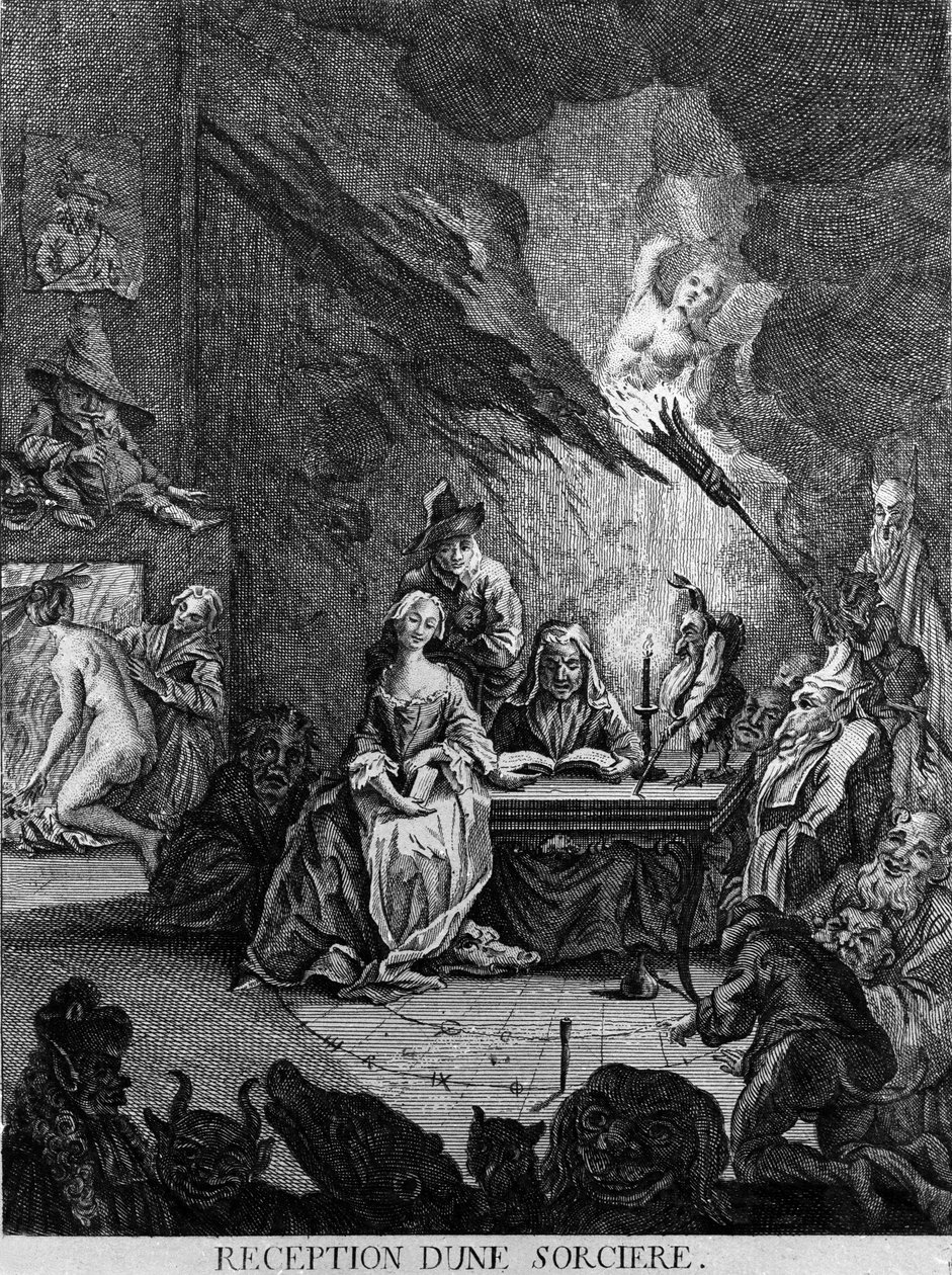 Noita ottaa vastaan tytön, jota ympäröivät hirviömäiset olennot (vihkimisseremoniassa?). Kaiverrus 1600-luvulta tekijältä Unknown artist