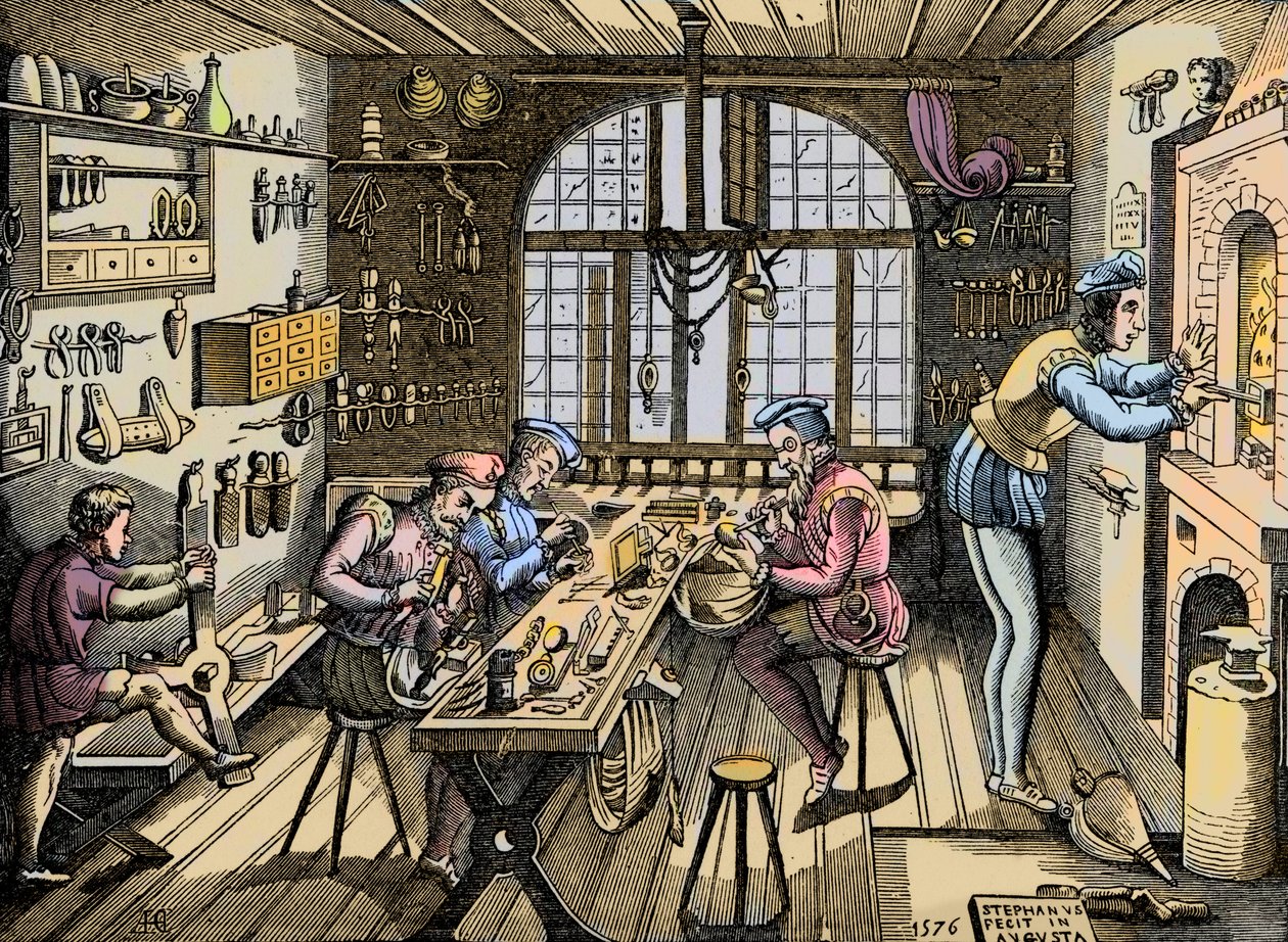 Kultasepänpaja - Käsityö: Etienne Delaunen (1518-1583), kultasepän, ranskalaisen kirjapainon työpajan näkymä. Kaiverrus alkuperäisen mukaan vuodelta 1576. Etienne Delaulnen, kultasepän työpaja Pariisissa tekijältä Unknown artist