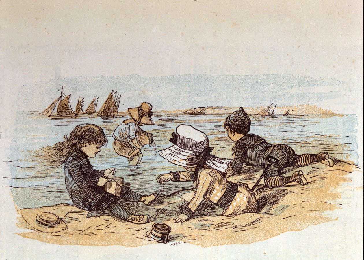 Ryhmä lapsia leikkimässä veden äärellä hiekalla. 1881 tekijältä Unknown artist