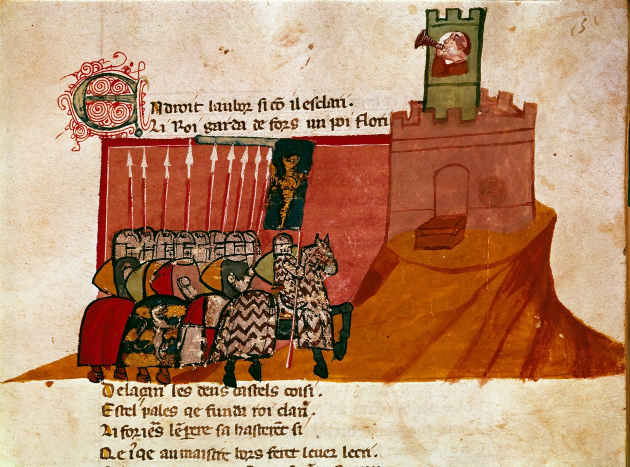 Ryhmä frangiritareita saapuu pienoislinnaan "Entree of Spainista". 1300-luvun Venetsia, Biblioteca Marciana. tekijältä Unknown artist