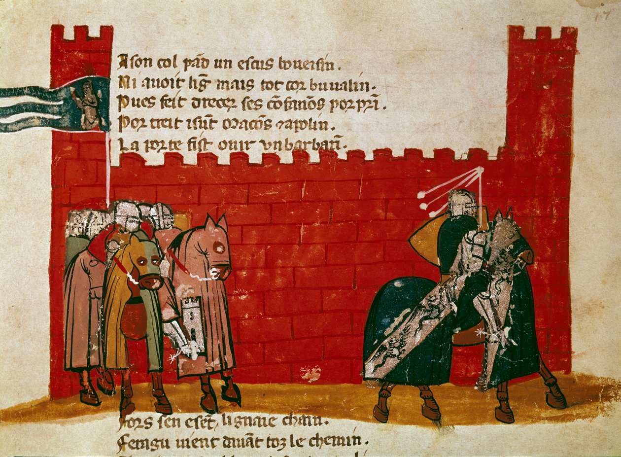 Ritariryhmä poistumassa pienoislinnasta "" Entree of Spainista"". 1300-luvun Venetsia, Biblioteca Marciana tekijältä Unknown artist