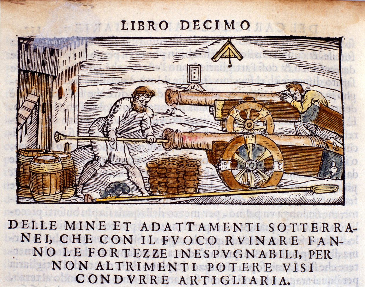 Tykkimies lataa aseeseen räjähteitä. Kaiverrus metallurgisesta lypsystä "" De la Pyrotechnia" (tai Pirotechnia), kirjoittanut Vannoccio Biringuccio (1480-1539) 1550. tekijältä Unknown artist