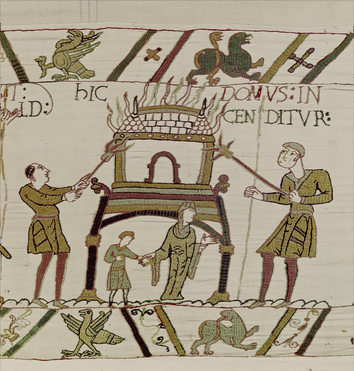 Normanit polttivat talon, Bayeux Tapestry (villakirjonta pellavalle) tekijältä Unknown artist